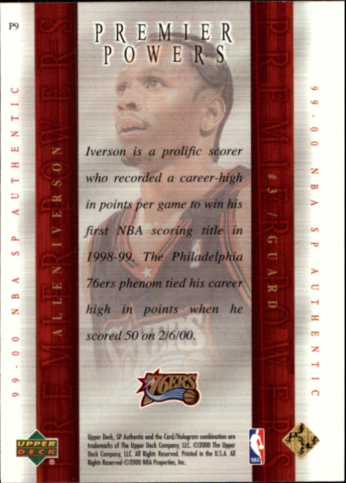 1999-00 SP Authentic Premier Powers #P9 Allen Iverson back image