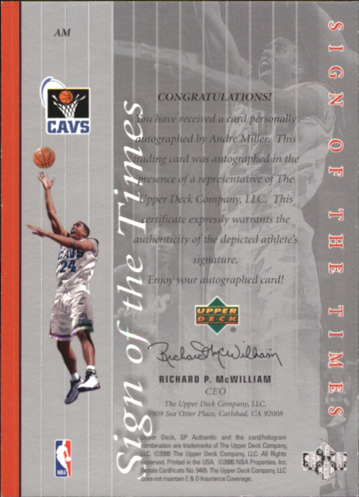 1999-00 SP Authentic Sign of the Times #AM Andre Miller back image