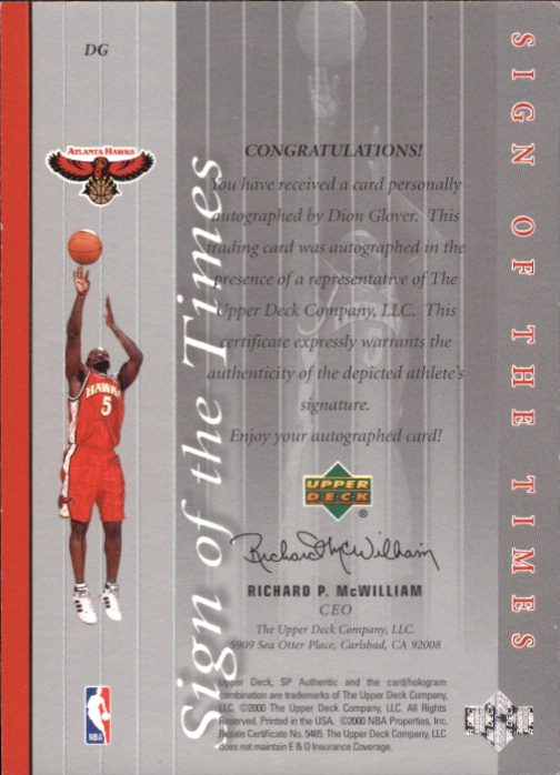 1999-00 SP Authentic Sign of the Times #DG Dion Glover back image