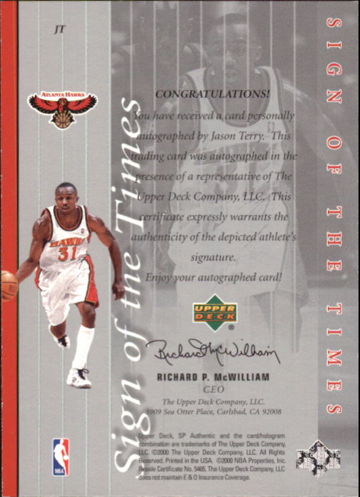 1999-00 SP Authentic Sign of the Times #JT Jason Terry back image