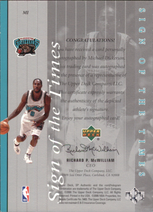 1999-00 SP Authentic Sign of the Times #MI Michael Dickerson back image