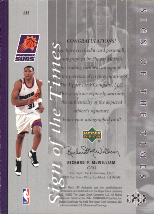 1999-00 SP Authentic Sign of the Times #SH Shawn Marion back image