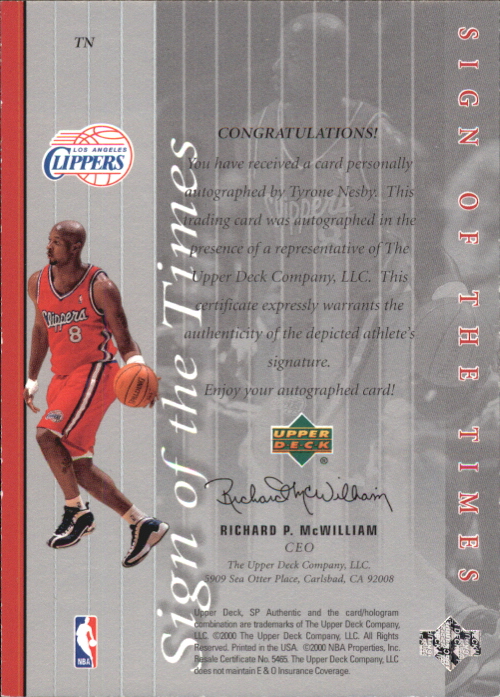 1999-00 SP Authentic Sign of the Times #TN Tyrone Nesby back image