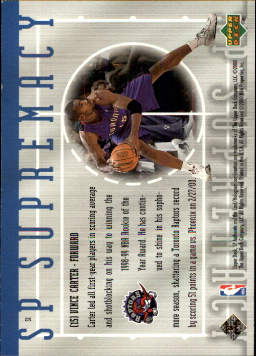 1999-00 SP Authentic Supremacy #S1 Vince Carter back image