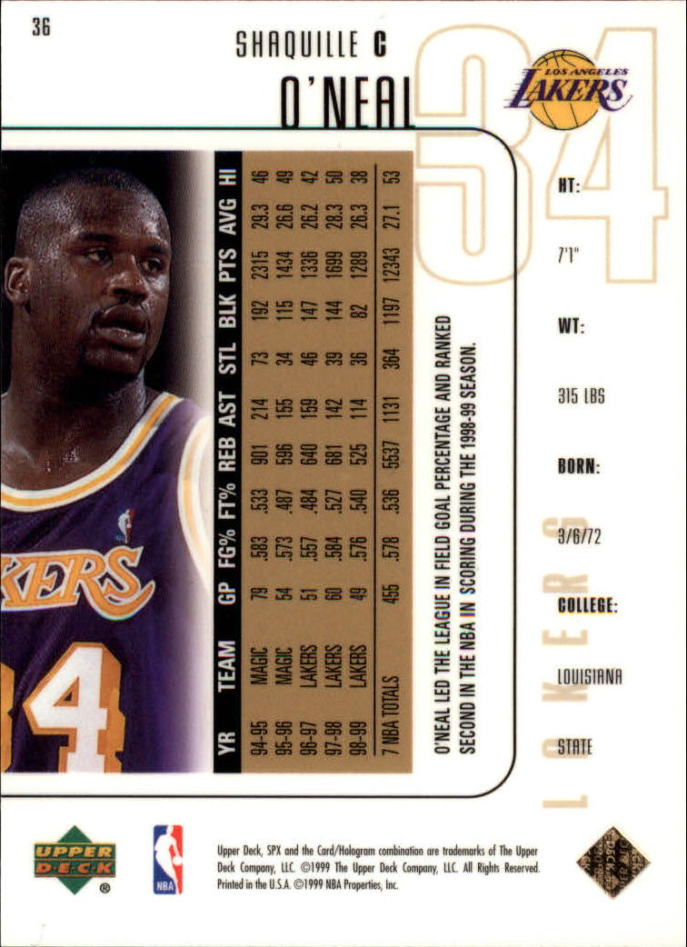 1999-00 SPx #36 Shaquille O'Neal back image