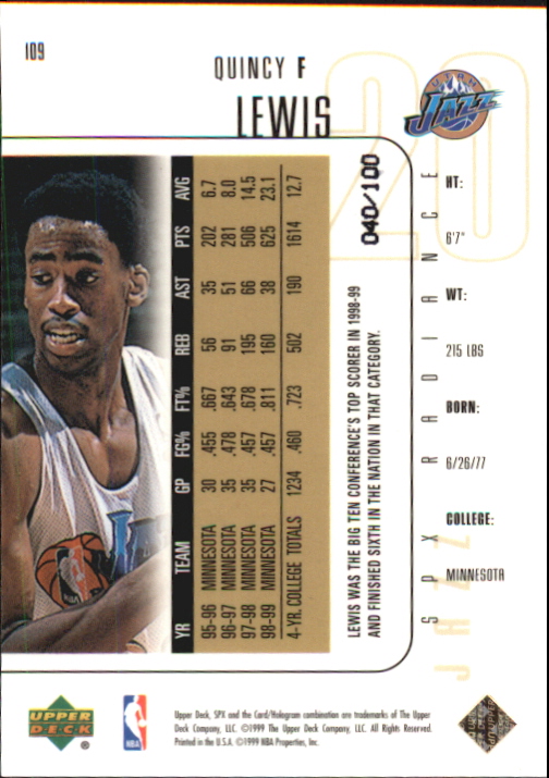 1999-00 SPx Radiance Utah Jazz Basketball Card #109 Quincy ...