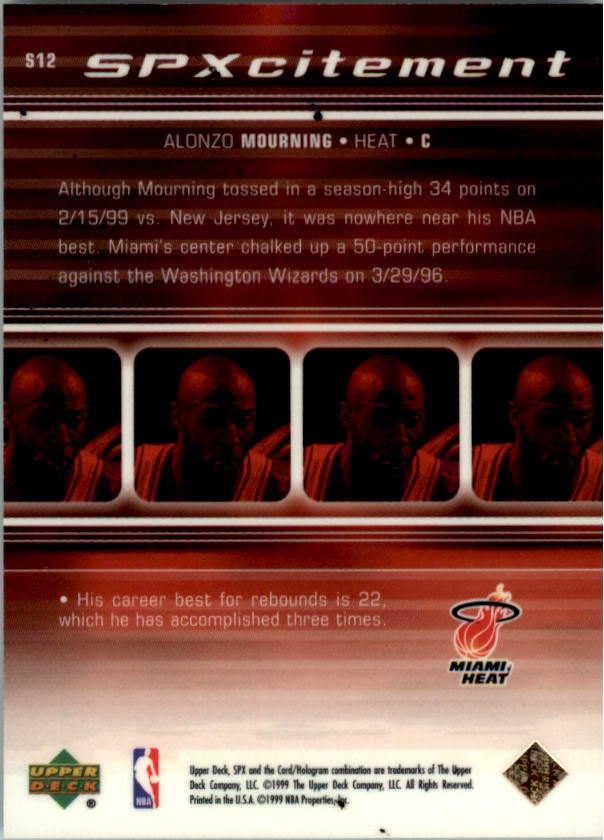 1999-00 SPx Spxcitement #S12 Alonzo Mourning back image