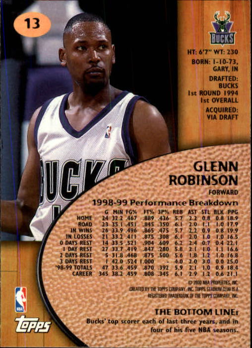 1999-00 Stadium Club #13 Glenn Robinson back image