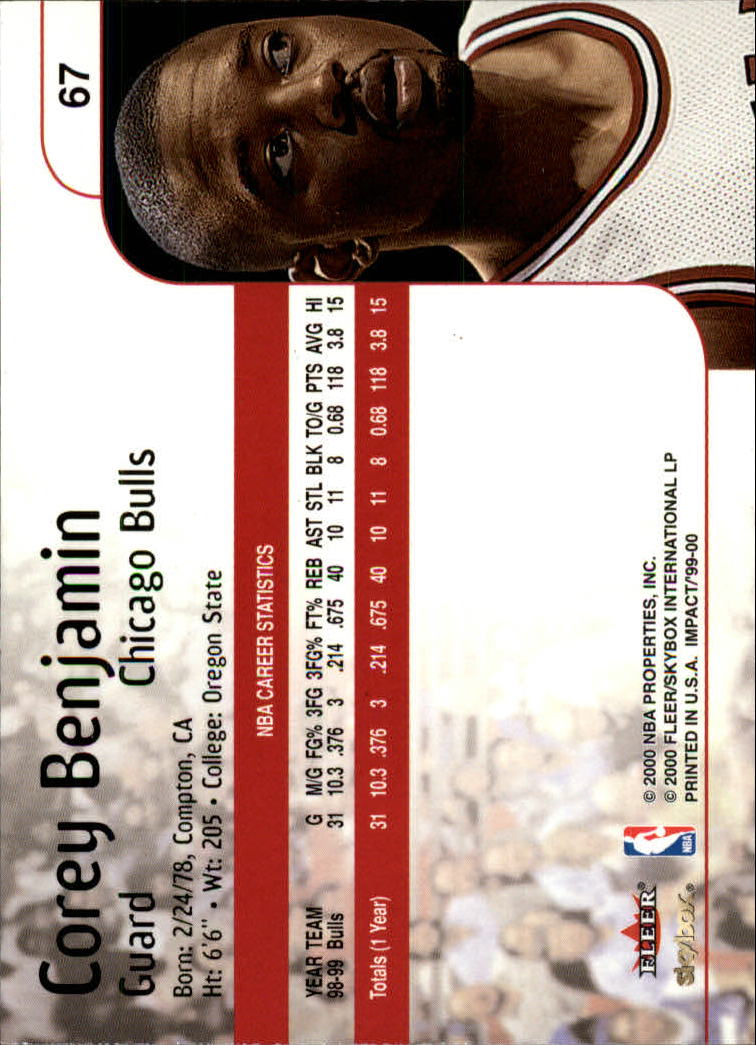 1999-00 SkyBox Impact #67 Corey Benjamin back image