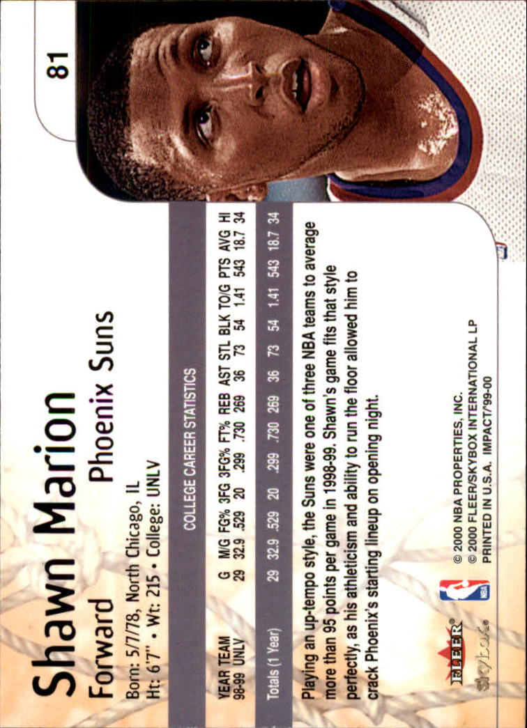 1999-00 SkyBox Impact #81 Shawn Marion RC back image