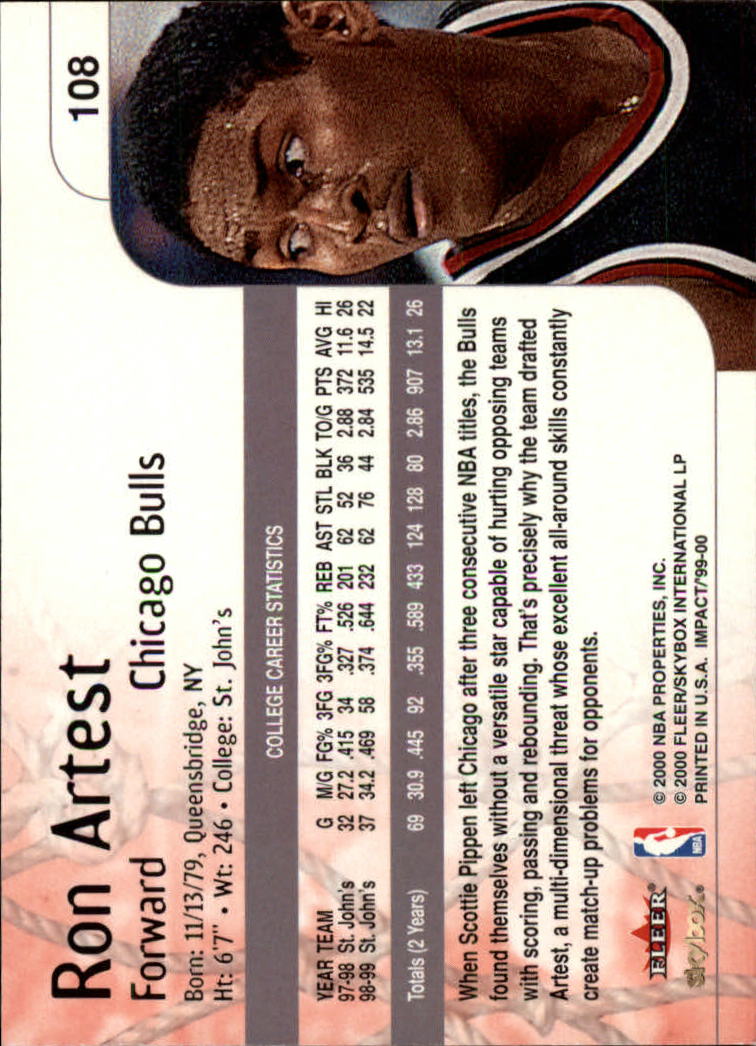 1999-00 SkyBox Impact #108 Ron Artest RC back image