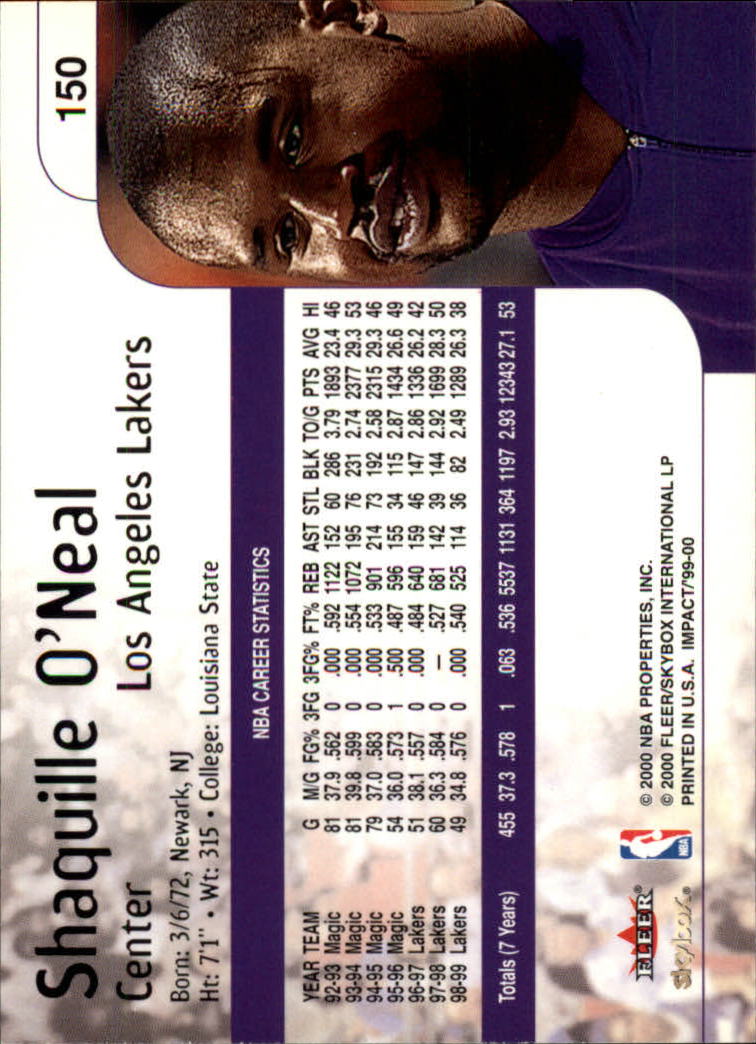 1999-00 SkyBox Impact #150 Shaquille O'Neal back image