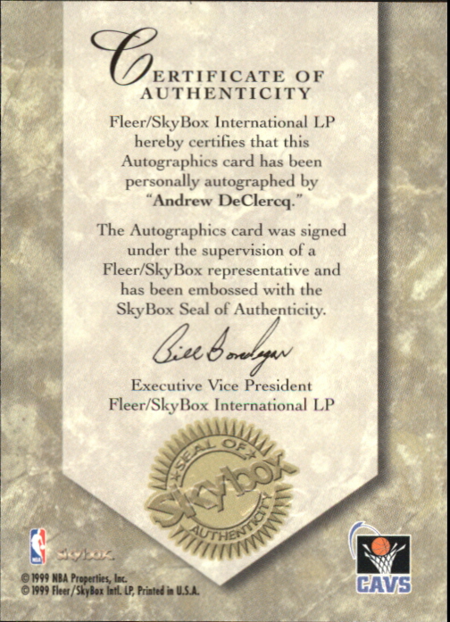 1999-00 SkyBox Premium Autographics #23 Andrew DeClercq back image
