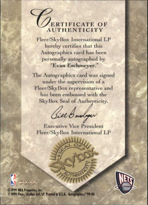 1999-00 SkyBox Premium Autographics #29 Evan Eschmeyer back image