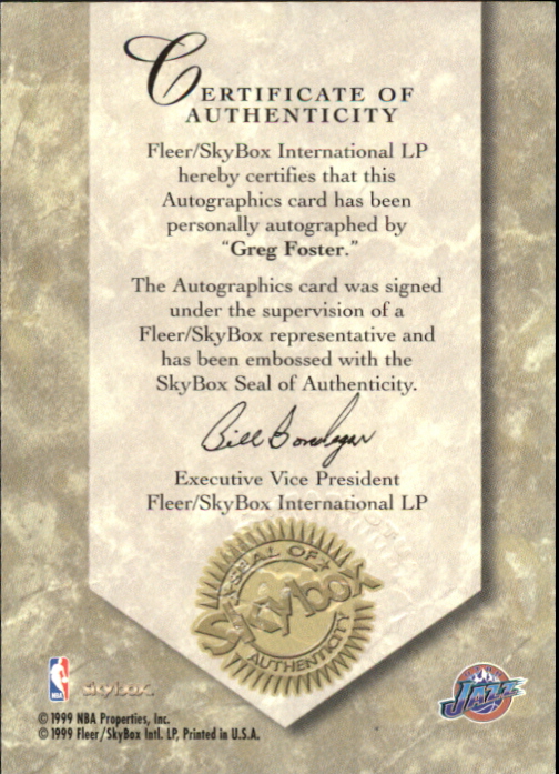 1999-00 SkyBox Premium Autographics #31 Greg Foster back image
