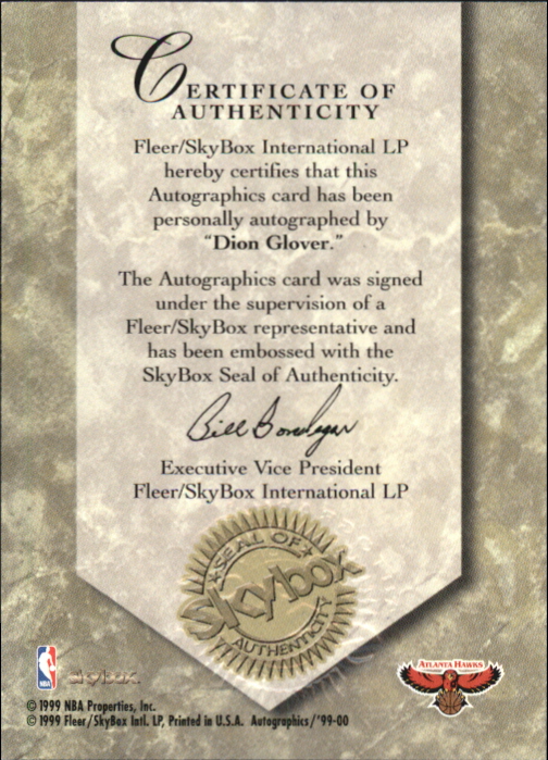 1999-00 SkyBox Premium Autographics #40 Dion Glover back image