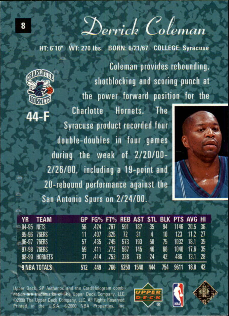 1999-00 SP Authentic #8 Derrick Coleman back image