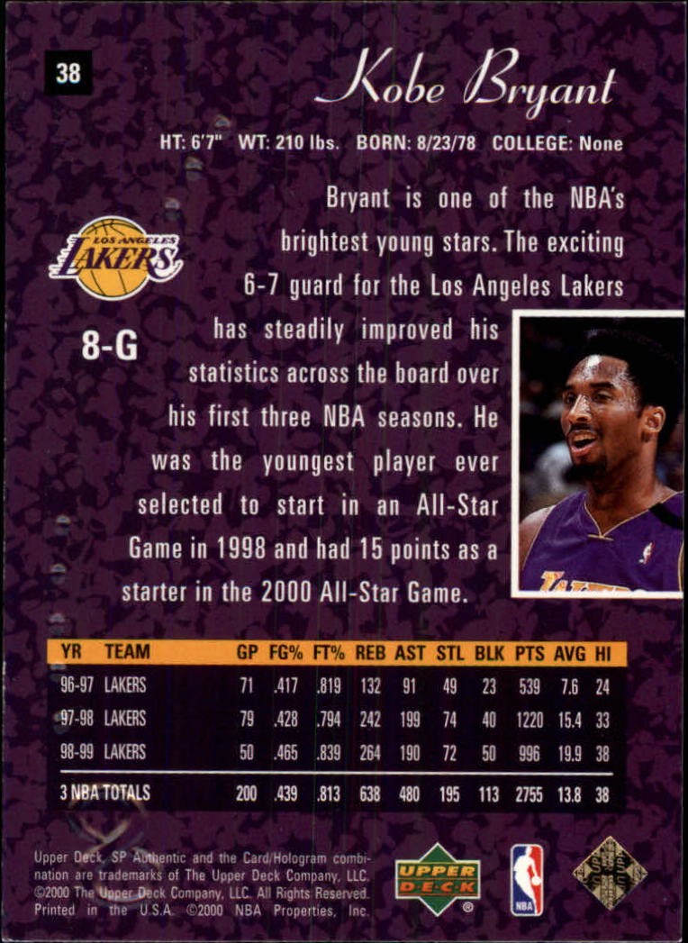 1999-00 SP Authentic #38 Kobe Bryant back image