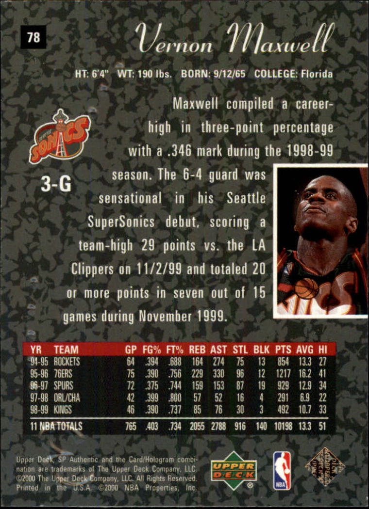 1999-00 SP Authentic #78 Vernon Maxwell back image