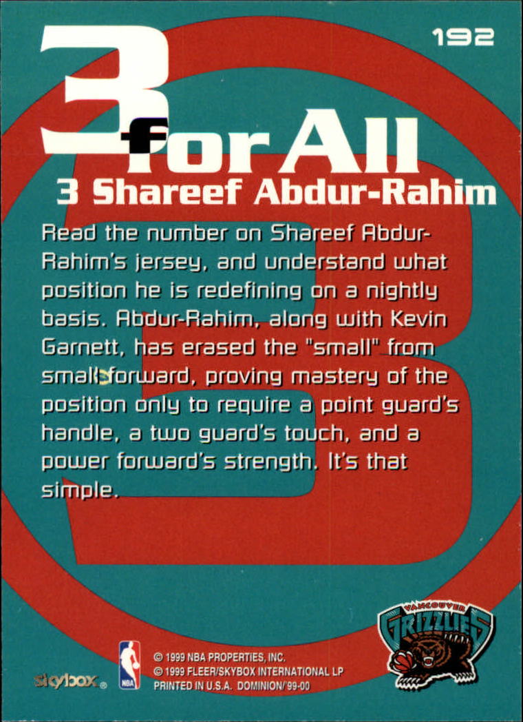 1999-00 SkyBox Dominion #192 Shareef Abdur-Rahim 3FA back image