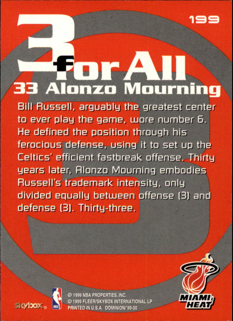 1999-00 SkyBox Dominion #199 Alonzo Mourning 3FA back image