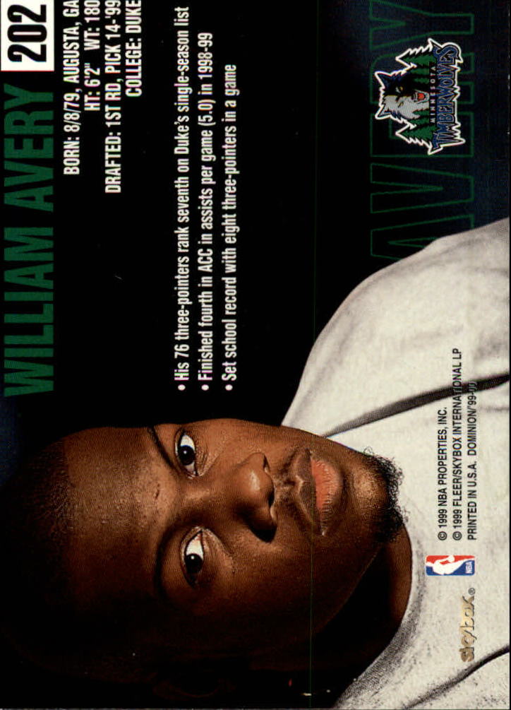 1999-00 SkyBox Dominion #202 William Avery RC back image
