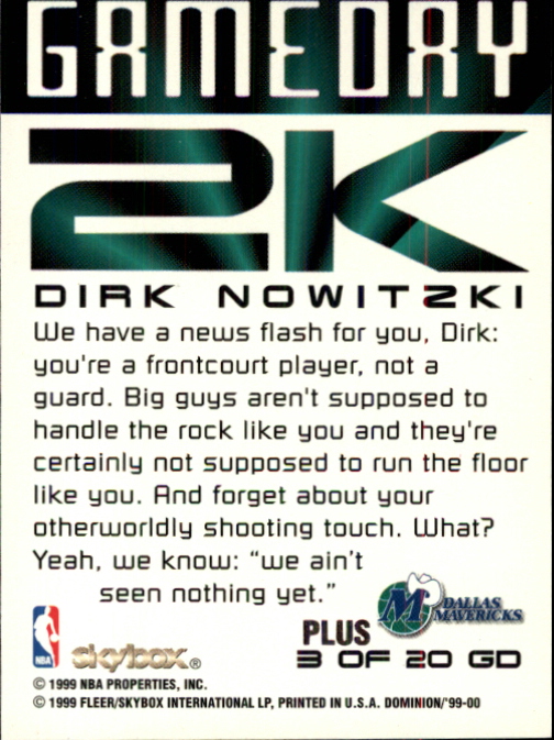 1999-00 SkyBox Dominion Game Day 2K Plus #3 Dirk Nowitzki back image