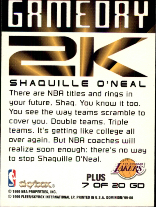 1999-00 SkyBox Dominion Game Day 2K Plus #7 Shaquille O'Neal back image