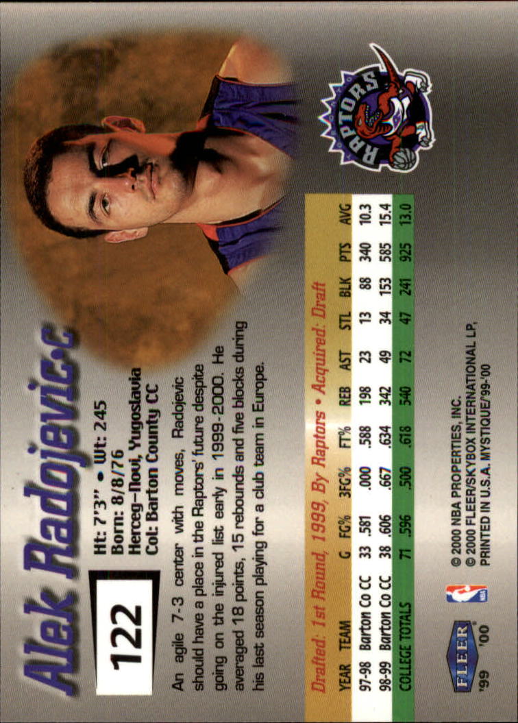 1999-00 Fleer Mystique #122 Aleksandar Radojevic RC back image