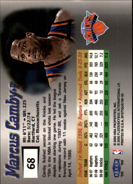 1999-00 Fleer Mystique Gold #68 Marcus Camby back image