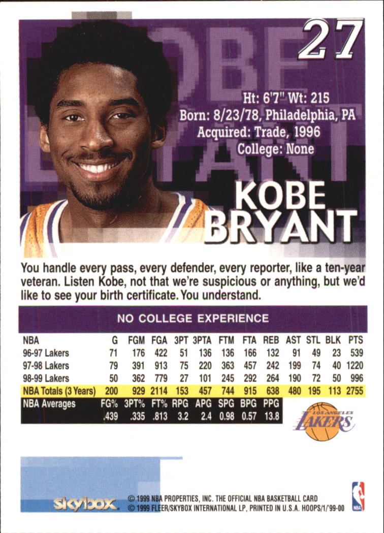 1999-00 Hoops #27 Kobe Bryant back image