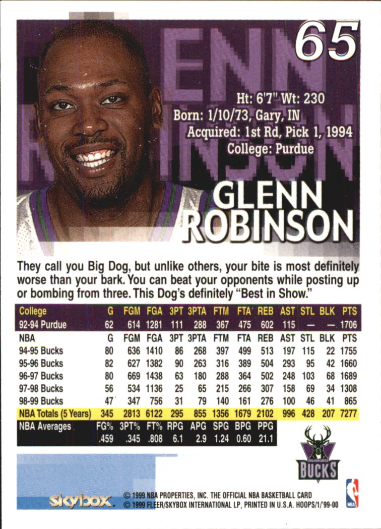 1999-00 Hoops #65 Glenn Robinson back image