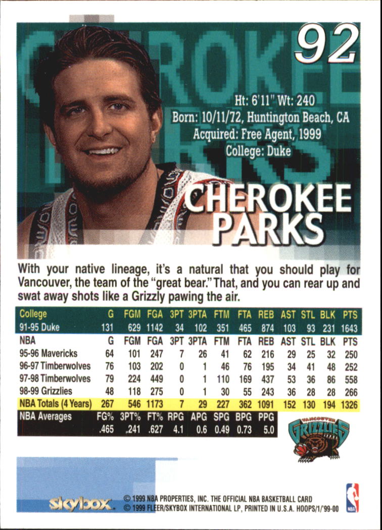 1999-00 Hoops #92 Cherokee Parks back image