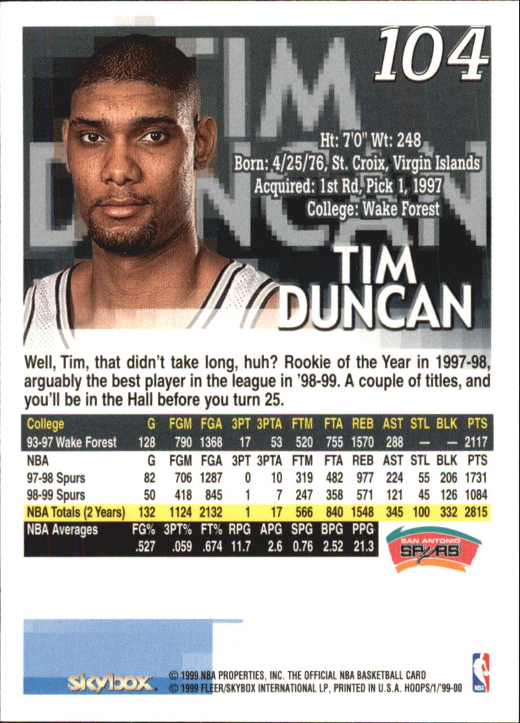 1999-00 Hoops #104 Tim Duncan back image