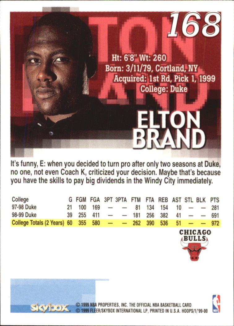 1999-00 Hoops #168 Elton Brand RC back image