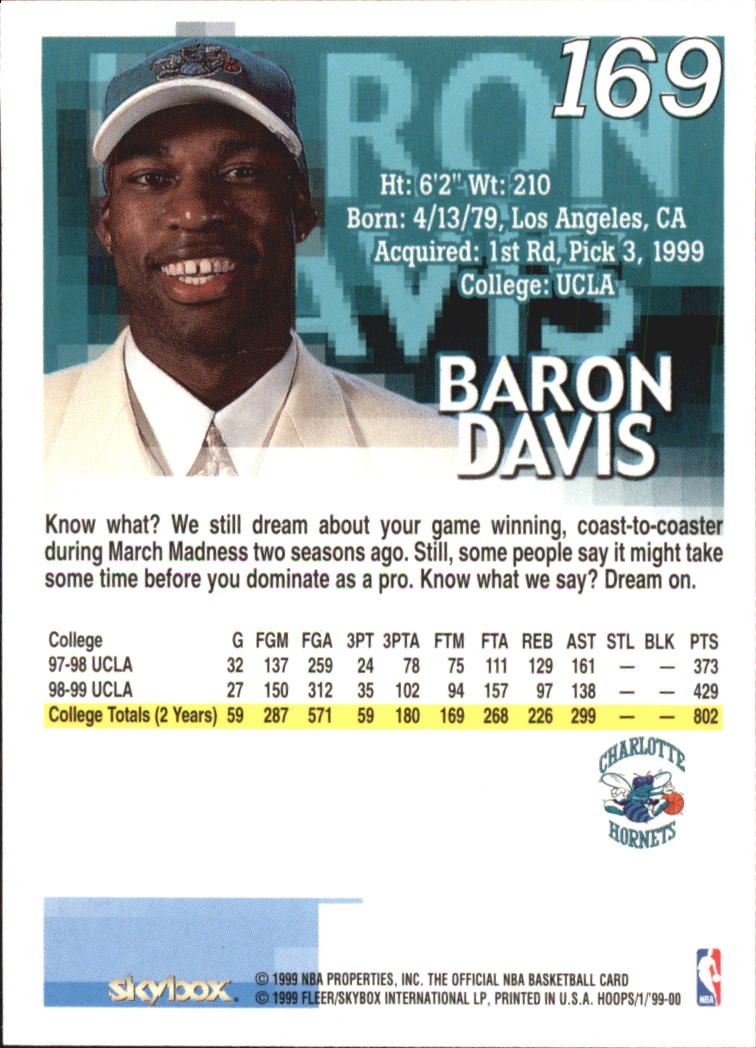 1999-00 Hoops #169 Baron Davis RC back image