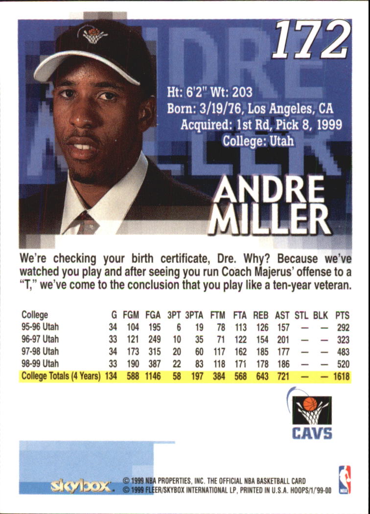 1999-00 Hoops #172 Andre Miller RC back image