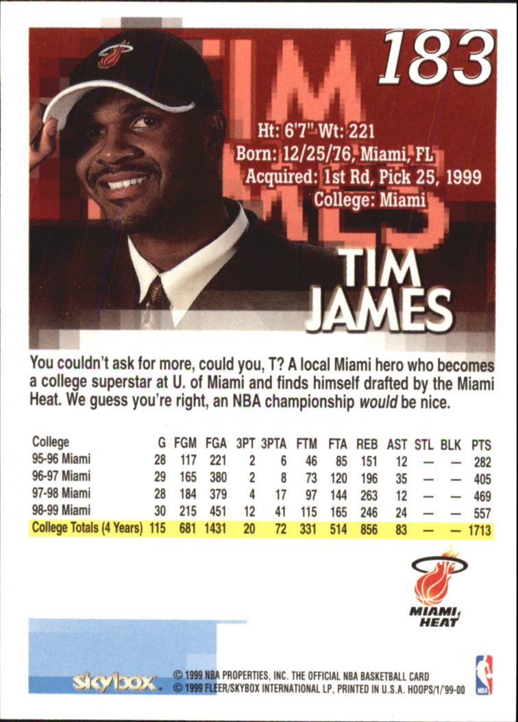 1999-00 Hoops #183 Tim James RC back image