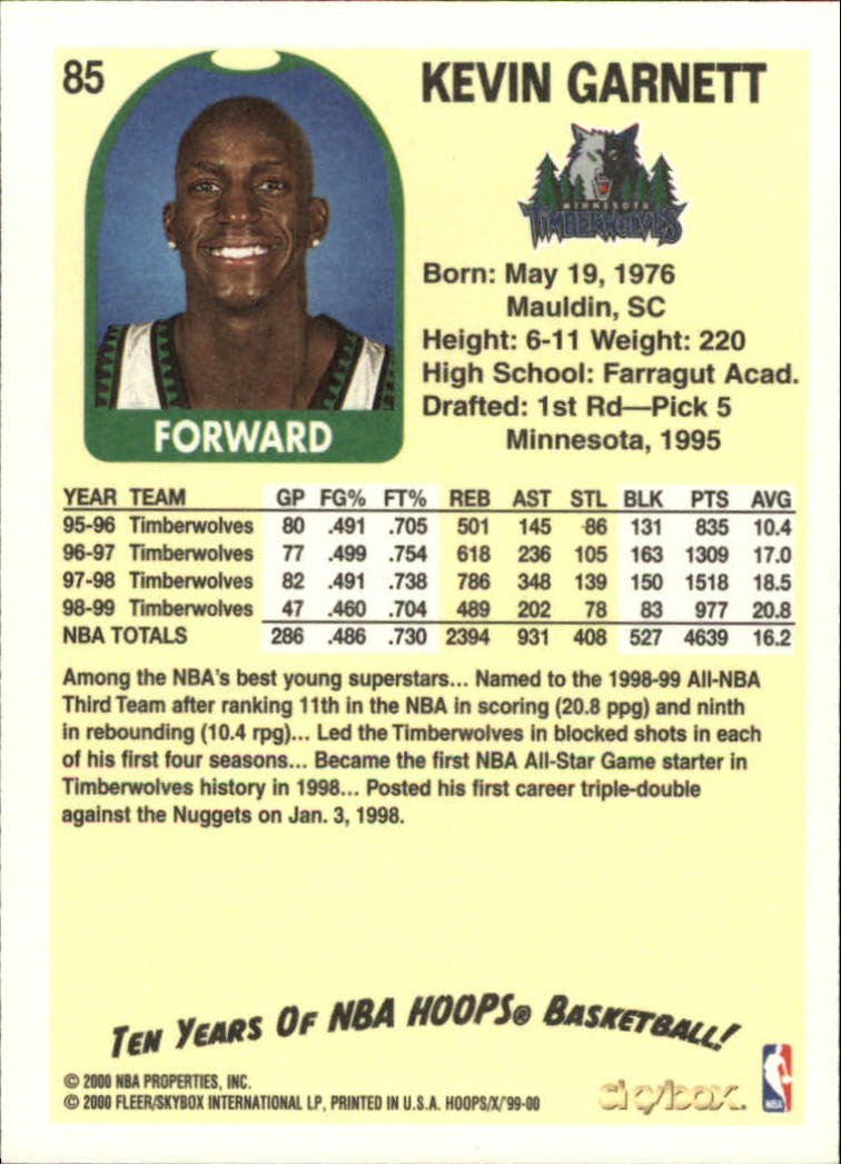 1999-00 Hoops Decade #85 Kevin Garnett back image
