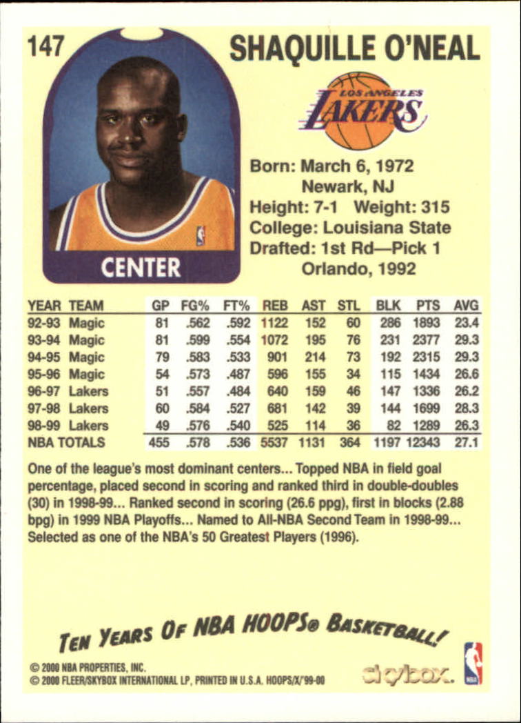 1999-00 Hoops Decade #147 Shaquille O'Neal back image