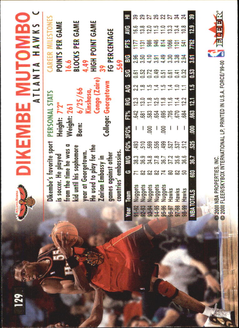 1999-00 Fleer Force #129 Dikembe Mutombo back image