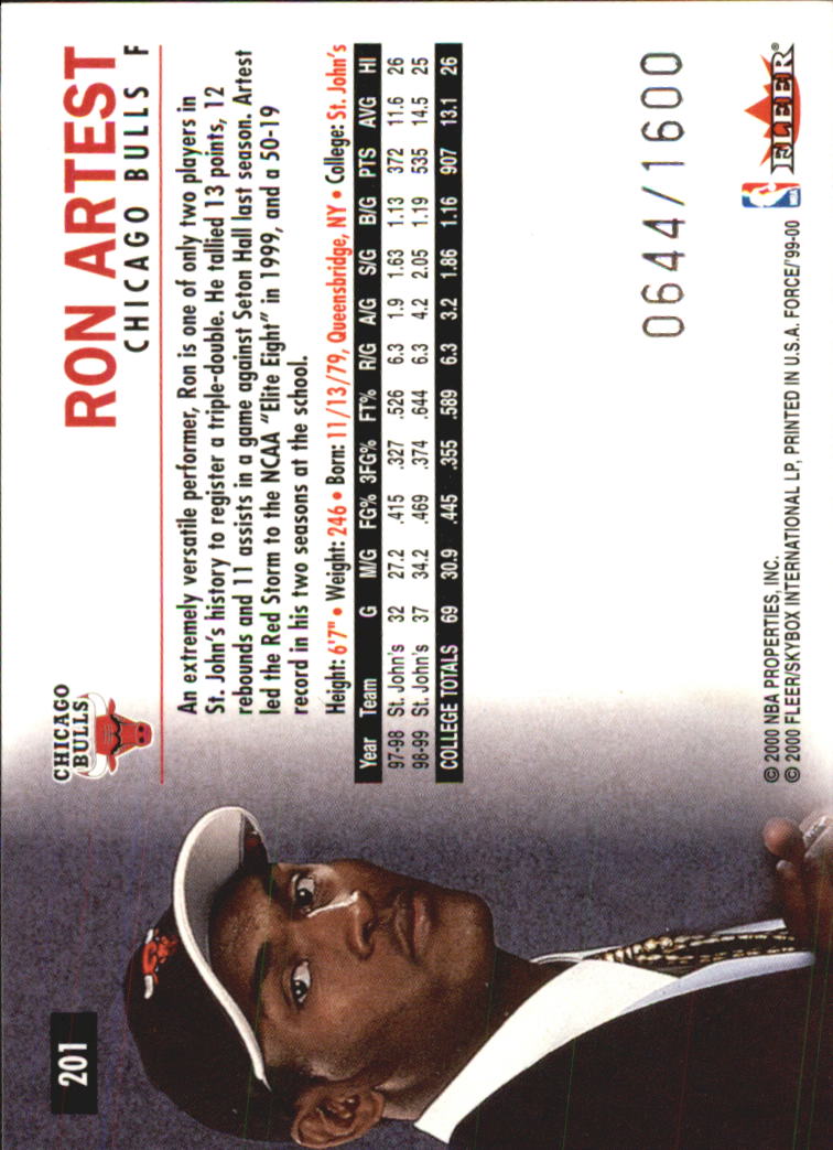 1999-00 Fleer Force #201 Ron Artest RC back image