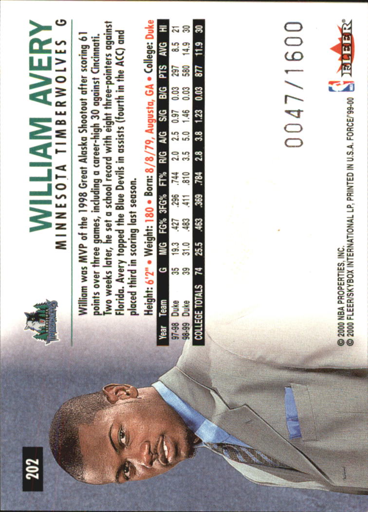 1999-00 Fleer Force #202 William Avery RC back image
