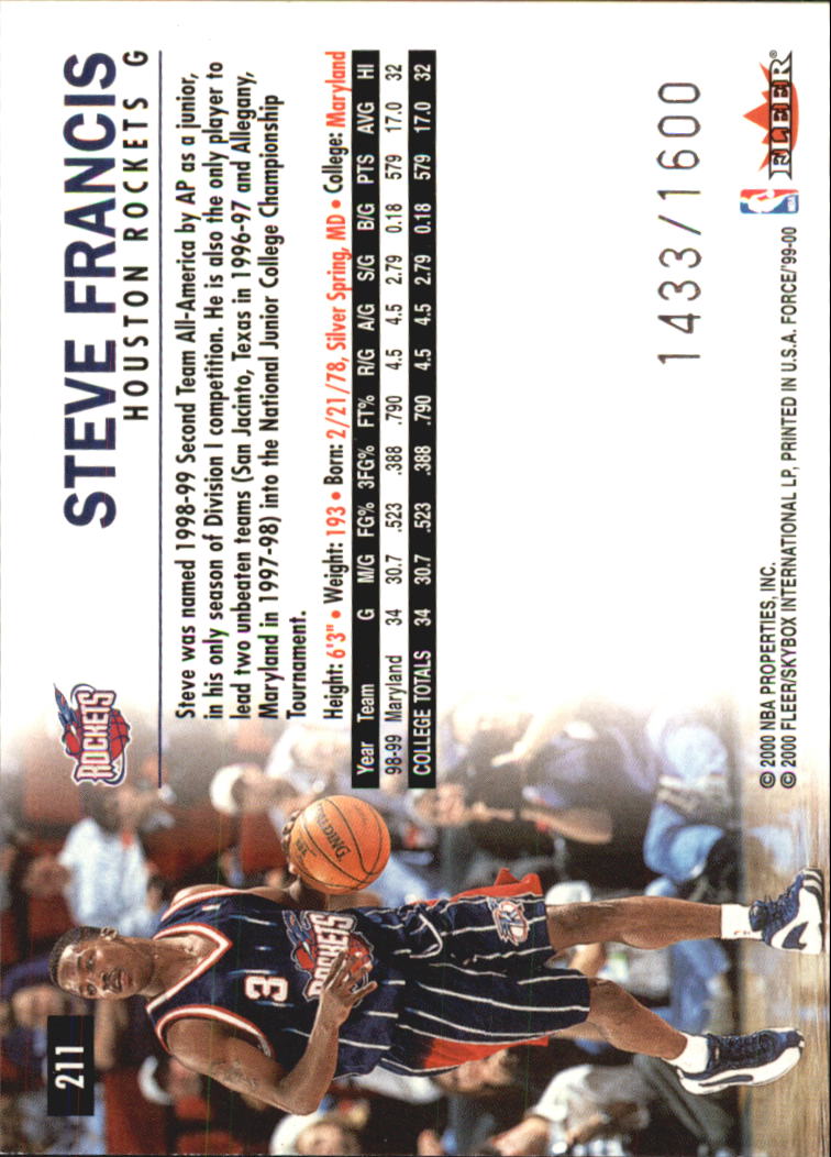 1999-00 Fleer Force #211 Steve Francis RC back image