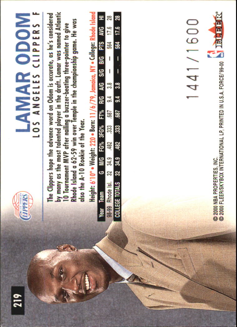 1999-00 Fleer Force #219 Lamar Odom RC back image