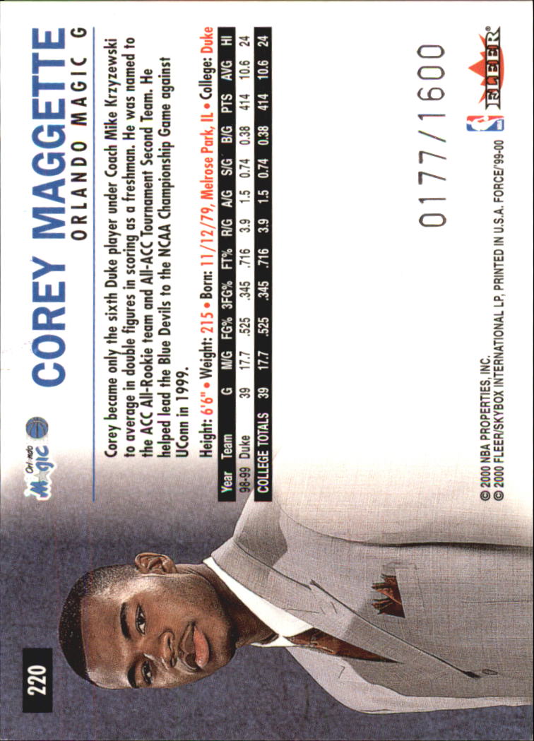 1999-00 Fleer Force #220 Corey Maggette RC back image