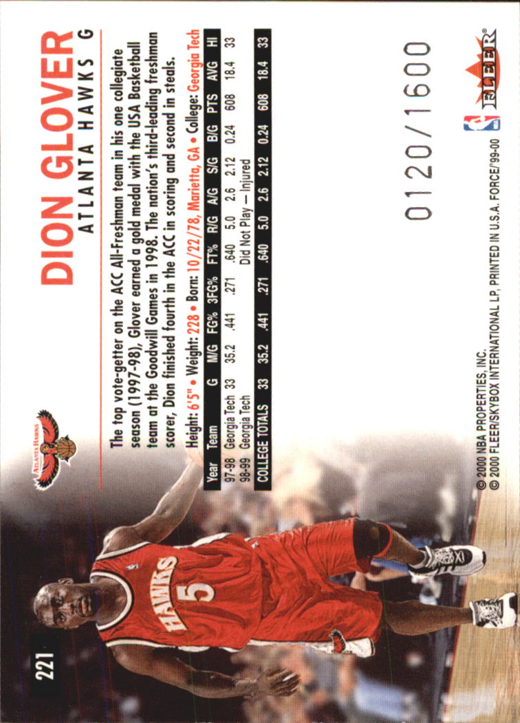 1999-00 Fleer Force #221 Dion Glover RC back image