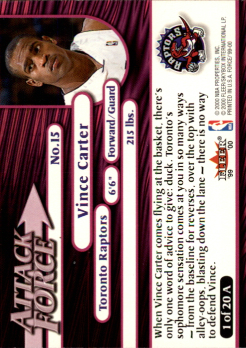 1999-00 Fleer Force Attack Force #A1 Vince Carter back image