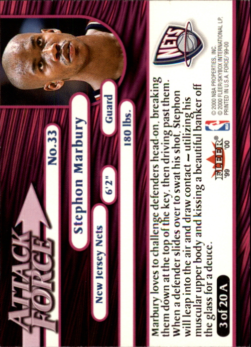 1999-00 Fleer Force Attack Force #A3 Stephon Marbury back image