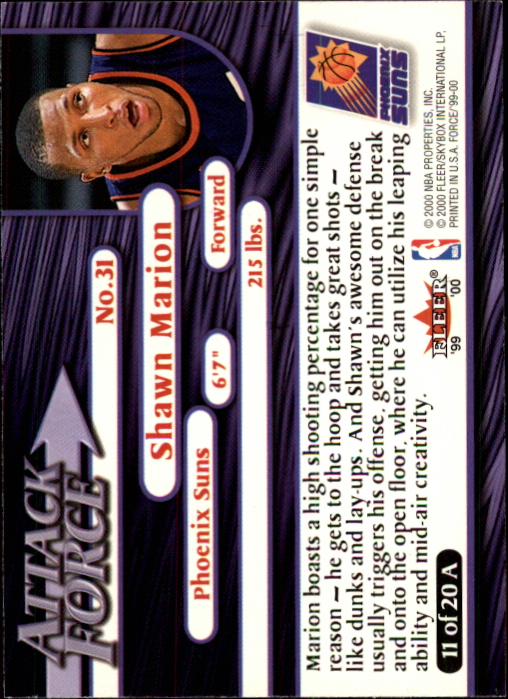 1999-00 Fleer Force Attack Force #A11 Shawn Marion back image